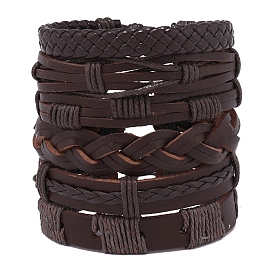6pcs 6 ensembles de bracelets à cordon en simili cuir tressé réglables de style, bracelets empilables en cordon ciré et cordons de chanvre pour hommes