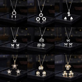 Комплект из колье и серег-гвоздиков из латуни с прозрачным кубическим цирконием для женщин