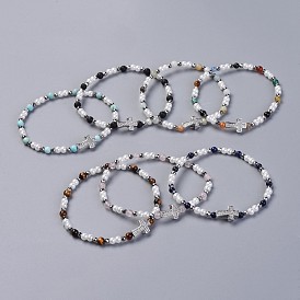 Bracelets élastiques en perles de verre, avec des non-magnétiques perles synthétiques d'hématite, perles de pierre mélangées et perles de zircone cubique en laiton, croix