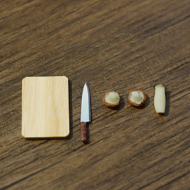 Mini Resin Mushroom & Wooden Cutting Board & Alloy Kitchen Knife Sets, Miniature Ornaments, Micro Landscape Dollhouse Accessories, Pretending Prop Decorations