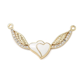 Brass Micro Pave Clear Cubic Zirconia Connector Charms, with White Enamel, Heart with Wing Links