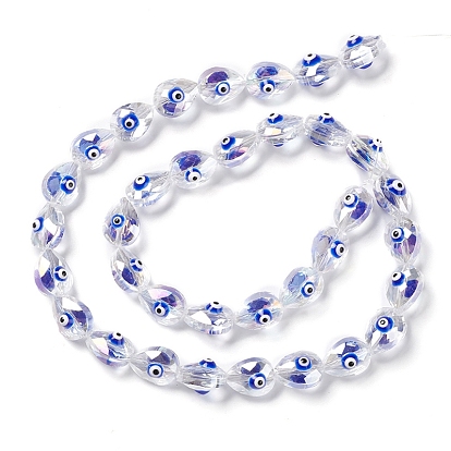 Transparent Evil Eye Glass Beads Strands, with Enamel, Faceted, Teardrop