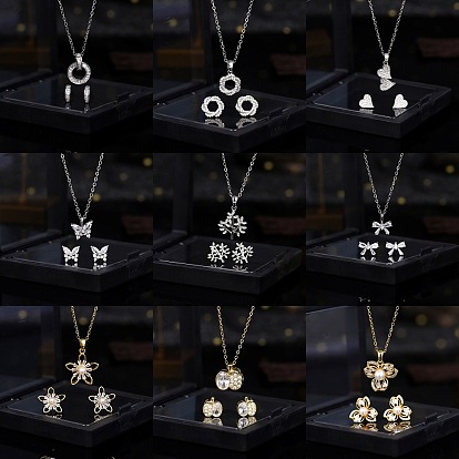 Комплект из колье и серег-гвоздиков из латуни с прозрачным кубическим цирконием для женщин