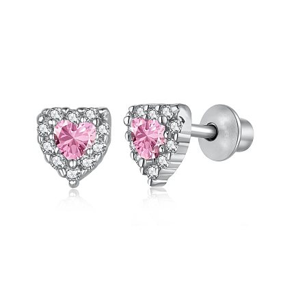 925 Sterling Silver Micro Pave Cubic Zirconia Heart Stud Earrings for Woman, Real Platinum Plated