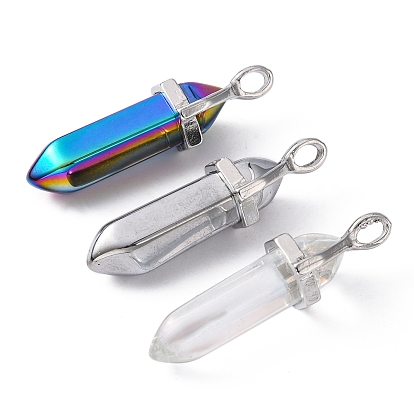 3 pcs 3 couleurs pendentifs pointus en verre à facettes, avec des finitions en laiton plaquées de couleurs mélangées