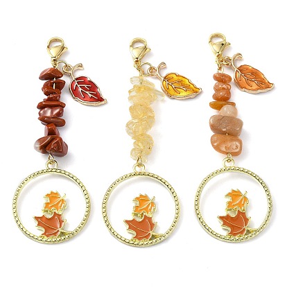 3Pcs Alloy Leaf Enamel Pendants Decorations, with Zinc Alloy Lobster Claw Clasps and Natural Red Jasper & Red Aventurine & Citrine