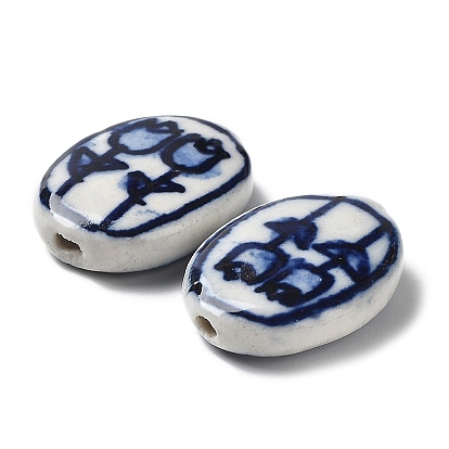 Handmade Porcelain Beads, Blue and White Porcelain, Oval with Flower