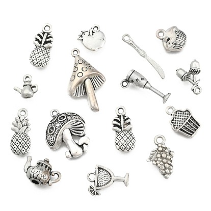 Mixed Tibetan Style Alloy Pendants, Food or Tableware, 11~50x4.5~28x1.5~6mm, Hole: 1~2mm