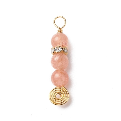 Natural Mixed Gemstone Pendants, with Golden Plated Copper Wire Wrapped and Brass Rhinestone Spacer Beads, Round Charm, Mixed Dyed and Undyed