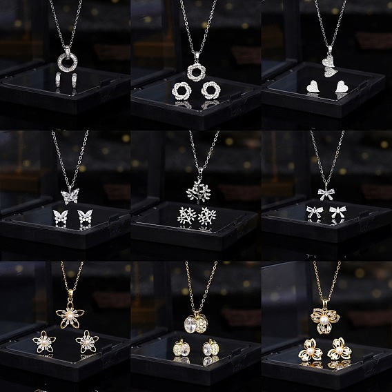 Комплект из колье и серег-гвоздиков из латуни с прозрачным кубическим цирконием для женщин