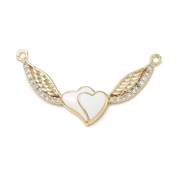 Dijes de conector de zirconia cúbica transparente con micro pavé de latón, con esmalte blanco, corazón con eslabones de ala