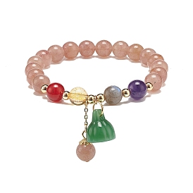 Natural & Synthetic Mixed Gemstone Round Beaded Stretch Bracelet with Glass Lotus Seedpod Charms for Women