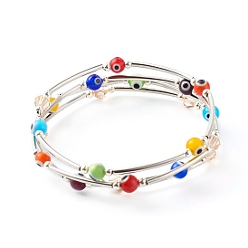 4-Loop Steel Memory Wires Wrap Bracelet, with Handmade Evil Eye Lampwork & Faceted Glass Bicone & Iron Beads, Brass Tube Beads