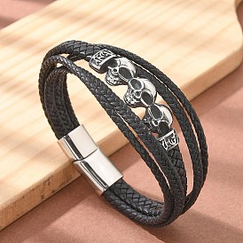 Плетеные браслеты из микрофибры и кожи, многорядные, 304 браслеты из нержавеющей стали с подвесками в виде черепа для женщин и мужчин