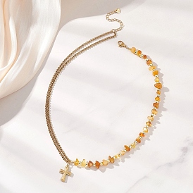 304 из нержавеющей стали крест кулон ожерелья, Женские ожерелья из металлической цепочки роло и бусин из натурального янтаря.