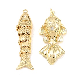 Brass Micro Pave Clear Cubic Zirconia Pendants, Cadmium Free & Lead Free, Long-Lasting Plated, Rack Plating, Fish Charms