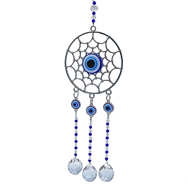 Alloy Flat Round with Blue Evil Eye Pendant Decorations, Hanging Suncatchers, with Glass Teardrop Charm, for Garden Decorations