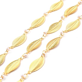 Brass Handmade White Glass Bead Chains, with Spool, Soldered, Long-Lasting Plated, Leaf
