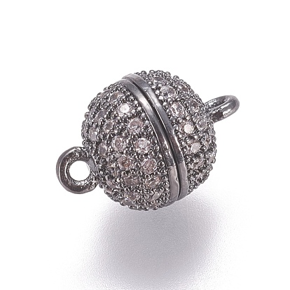 Brass Micro Pave Cubic Zirconia Magnetic Clasps with Loops, Round