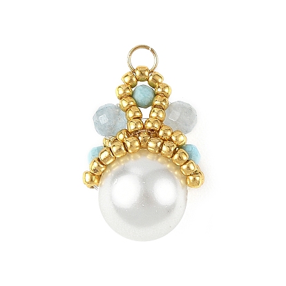 Baking Paint Pearlized Glass Pearl Round Pendants, Dyed Faceted Natural White Jade & Synthetic Howlite Beaded Crown Charms, Golden