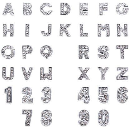 Eco-Friendly Zinc Alloy Slide Charms, with Rhinestone, Platinum Plated, Letter A~Z and Number 0~9