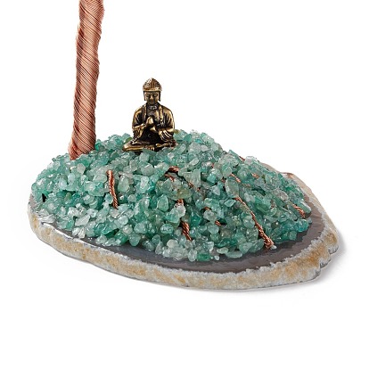 Natural Gemstone Tree Display Decoration, Buddha Statue on Agate Slice Base Feng Shui Ornament for Wealth, Luck, Rose Gold Brass Wires Wrapped