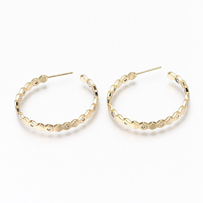 Brass Micro Pave Clear Cubic Zirconia Half Hoop Earrings, Stud Earring, Ring with Hexagon, Nickel Free