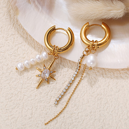 304 серьги-кольца из нержавеющей стали с прозрачным кубическим цирконием, с пресноводным жемчугом, звезда, слева и справа, цепочка-оберег