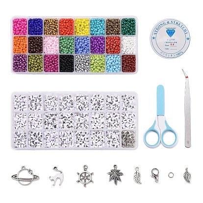 Сделай сам стрейч комплекты ювелирных изделий, с акриловыми шариками, Подвески из сплава , Бисер из стекла , Эластичная кристальная нить, железные кольца и ножницы из нержавеющей стали