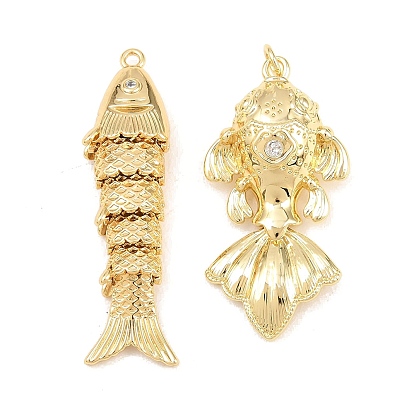 Brass Micro Pave Clear Cubic Zirconia Pendants, Cadmium Free & Lead Free, Long-Lasting Plated, Rack Plating, Fish Charms
