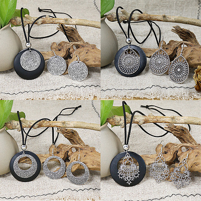 Комплекты ожерелий и серег с подвесками из сплава и дерева в этническом стиле, античное серебро