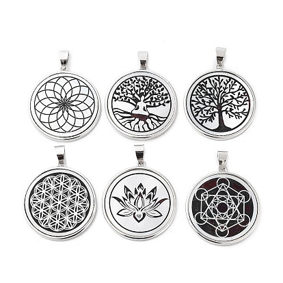 Natural White Shell Pendants, Platinum Plated Brass Flat Round Charms, Flower/Tree of Life/Hexagon