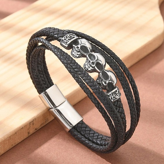 Плетеные браслеты из микрофибры и кожи, многорядные, 304 браслеты из нержавеющей стали с подвесками в виде черепа для женщин и мужчин