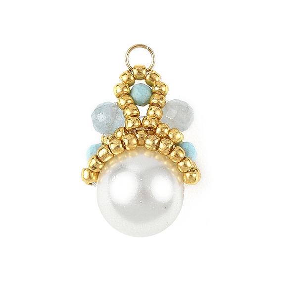 Baking Paint Pearlized Glass Pearl Round Pendants, Dyed Faceted Natural White Jade & Synthetic Howlite Beaded Crown Charms, Golden