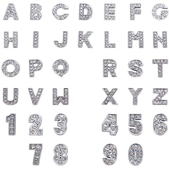 Eco-Friendly Zinc Alloy Slide Charms, with Rhinestone, Platinum Plated, Letter A~Z and Number 0~9