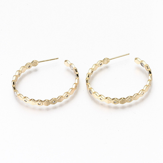 Brass Micro Pave Clear Cubic Zirconia Half Hoop Earrings, Stud Earring, Ring with Hexagon, Nickel Free