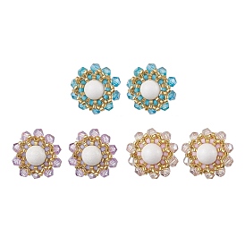 3 Pairs Flower Glass Seed Beaded with Natural Mashan Jade Stud Earrings for Women, Golden