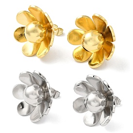 Brass Stud Earrings, 925 Sterling Silver Pin, for Women, Flower