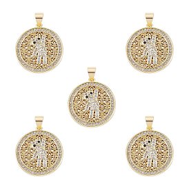 Plating Brass Micro Pave Clear Cubic Zirconia Pendant, Long-Lasting Plated, Flat Round with Bear