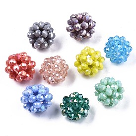 Electroplate Glass Round Woven Beads, Cluster Beads, AB Color Plated, Faceted