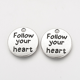 Pendentifs en alliage de style tibétain, plat rond avec phrase suivez votre coeur, sans cadmium et sans plomb