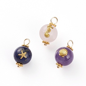 Natural Rose Quartz & Amethyst & Lapis Lazuli Pendants, with Golden Plated Alloy Cabochons & Spacer Beads, Brass Ball Head Pins, with Starfish & Sea Horse & Scallop Shell Shape, Round