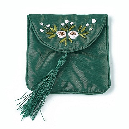 Embroidery Cloth Pouches, with Tassels and Stainless Steel Snap Button, Square