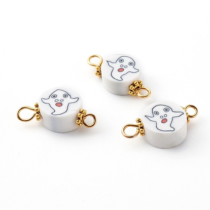 Halloween Flat Round with Ghost Polymer Clay Links Connectors, with 304 Stainless Steel Eye Pins, Alloy Daisy Spacer Beads, Golden
