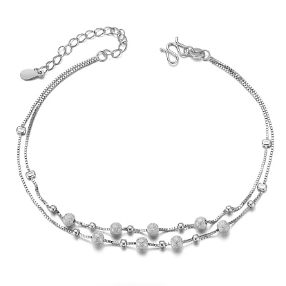 SHEGRACE 925 Sterling Silver Anklet, with Box Chains and Textured Round Beads