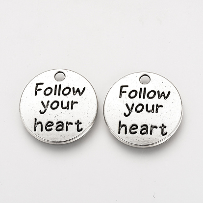 Pendentifs en alliage de style tibétain, plat rond avec phrase suivez votre coeur, sans cadmium et sans plomb