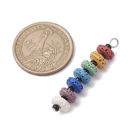 Chakra Natural Lava Rock Dyed Beaded Pendants, with Glass Seed Beads, Disc Charms, Platinum