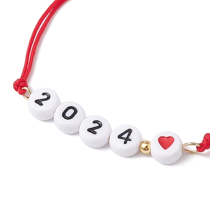 Heart with Word 2024 Acrylic Braided Bead Bracelet, Nylon Adjustable Bracelet