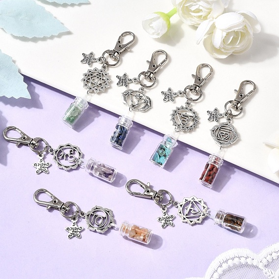 7 шт. подвесные украшения из сплава в тибетском стиле, бутылка, со стеклом, натуральный аметистовый осколок и синтетический бирюзовый осколок