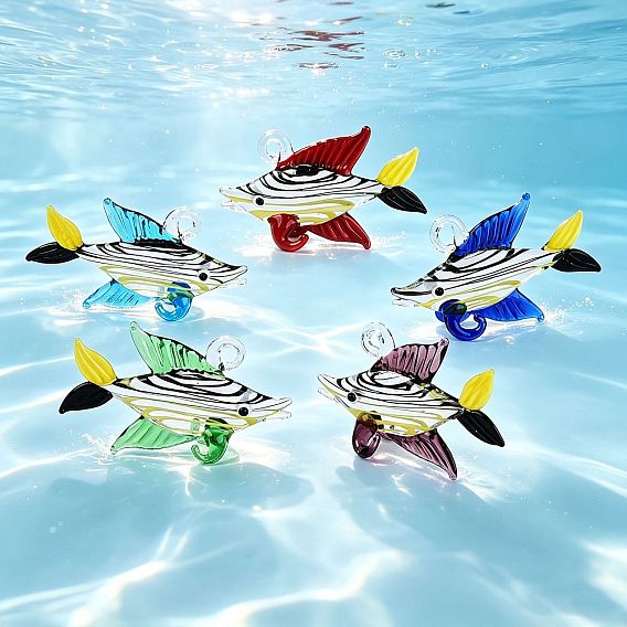 Handmade Lampwork Pendants, Fish with Swirl Stripe Charms
